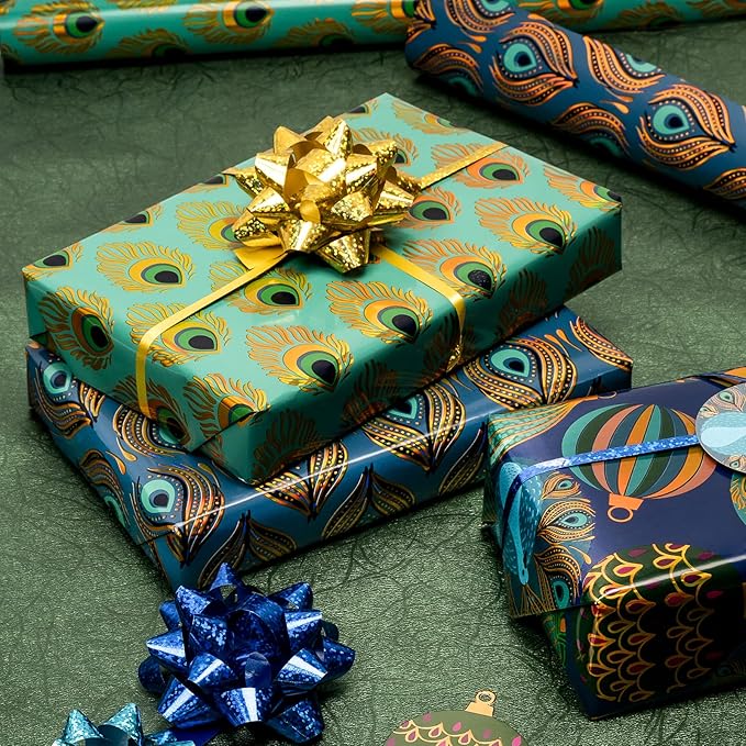 WRAPAHOLIC 30 Inch Peacock Christmas Wrapping Paper Roll - Jumbo Roll Green Peacock Elements Patterns with Metallic Foil Shine - 4 Rolls - 30 Inch x 120 Inch Per Roll