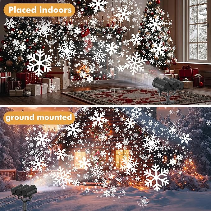 Christmas Projector Lights Outdoor, GUSODOR Upgraded Snowflake Projector, IP65 Waterproof 360°Rotating LED Projection Lights for Christmas Decorations Yard Patio Holiday Party Decor-Three-Head B