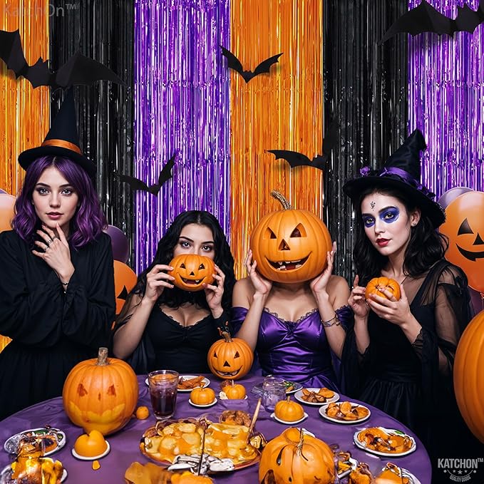 KatchOn, Orange Black and Purple Foil Fringe Curtain - XtraLarge 3.2x6.5 Feet, Pack of 2 | Streamers for Birthday, Bachelorette, Engagement | Fringe Backdrop for Halloween Party Decorations