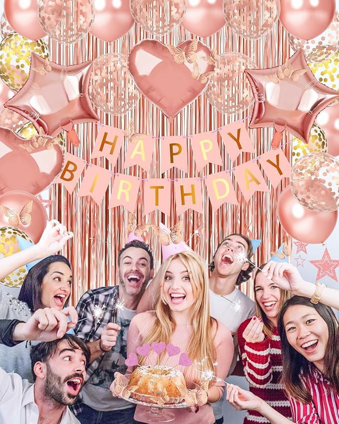 Rose Gold Happy Birthday Party Decorations, Happy Birthday Banner, Rose Gold Foil Heart Star Confetti Balloons Curtain Backdrop Hanging Swirls Party Decor for Girls Women Princess