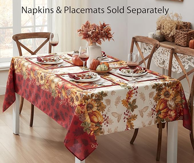 Newbridge Thanksgiving Autumns Bounty Bordered Square Fabric Napkins, Set of 4 Napkins, Bountiful Farm Pumpkin Fall Harvest Multicolor Easy Care Fabric Napkins for Holiday Party