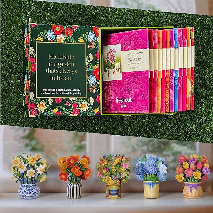 Freshcut Paper Pop-Up Greeting Cards, 6x6 Inch Mini Paper Flower Bouquets, 12 Count Assortment, Multicolor Floral Occasion Cards, Blank Inside, Pop-Up Feature