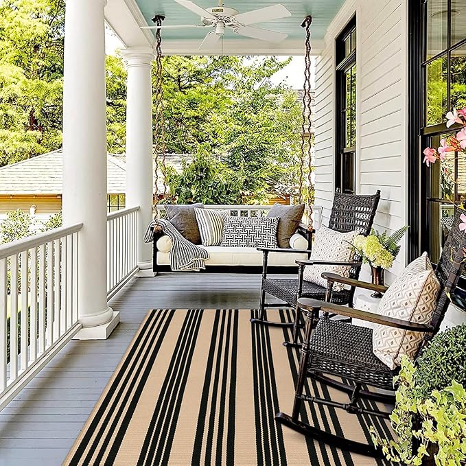 KIMODE Indoor Outdoor Rug 4'x6',Washable Reversible Black and Khaki Striped Rug,Cotton Hand Woven Patio Rug Floor Carpet, Farmhouse Fall Porch Rug Autumn Decor for Outdoor Backyard Living Room