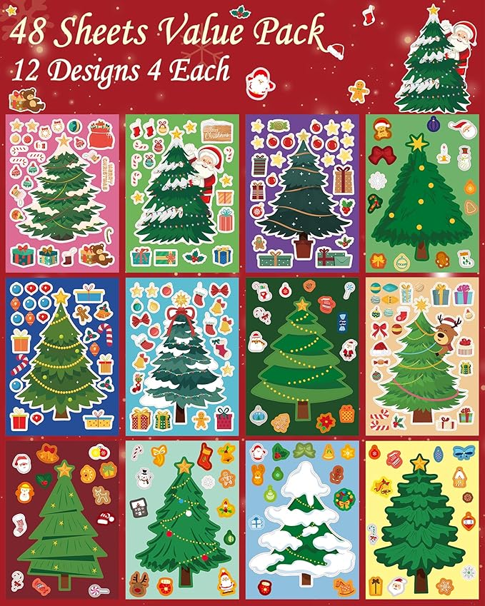 48 Sheets Christmas Tree Party Favors Stickers for Kids - Make Your Own Christmas Tree Stickers - Fun Christmas Games Activities Crafts Gifts