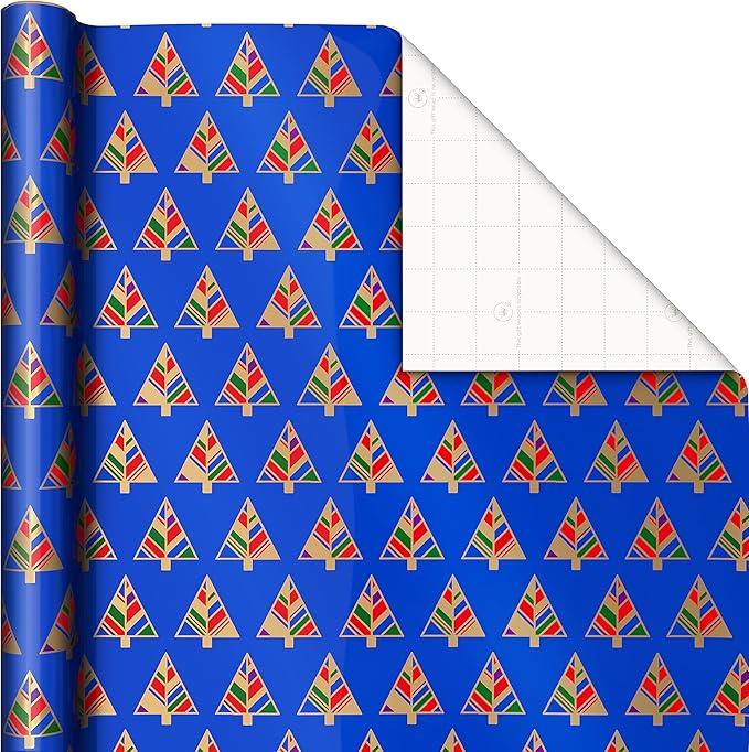 Hallmark Modern Christmas Wrapping Paper with Cutlines on Reverse (3 Rolls: 120 Sq. Ft. Total) Gold Snowflakes on Purple, Jewel-Tone Trees, Plaid Stripes