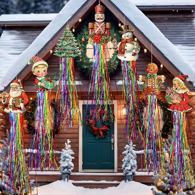 8pcs Vintage Christmas Windsocks Outdoor Hanging Decorations with Tassels Christmas Yard Decorations for Outside 3.3ft Xmas Signs for Wall Tree Home Lawn Yard Party Supplies Garden Decor