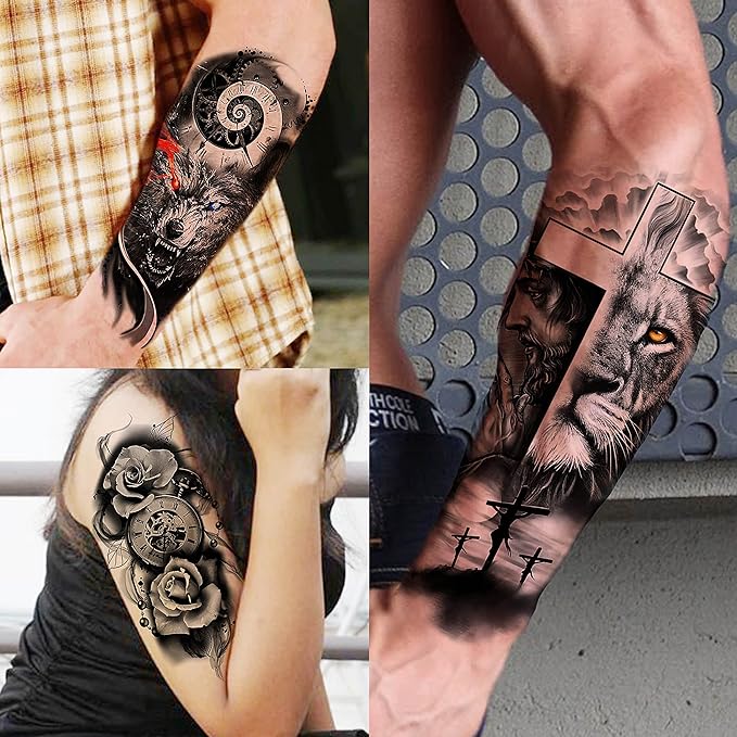 COKTAK 68 Sheets Large Half Arm Sleeve Temporary Tattoos For Men Women Forearm, Tribal Wolf Tiger Lion Owl Skull Temp Halloween Fake Tattoo Stickers Adults, Black Realistic Tattoo Flower Rose Animals