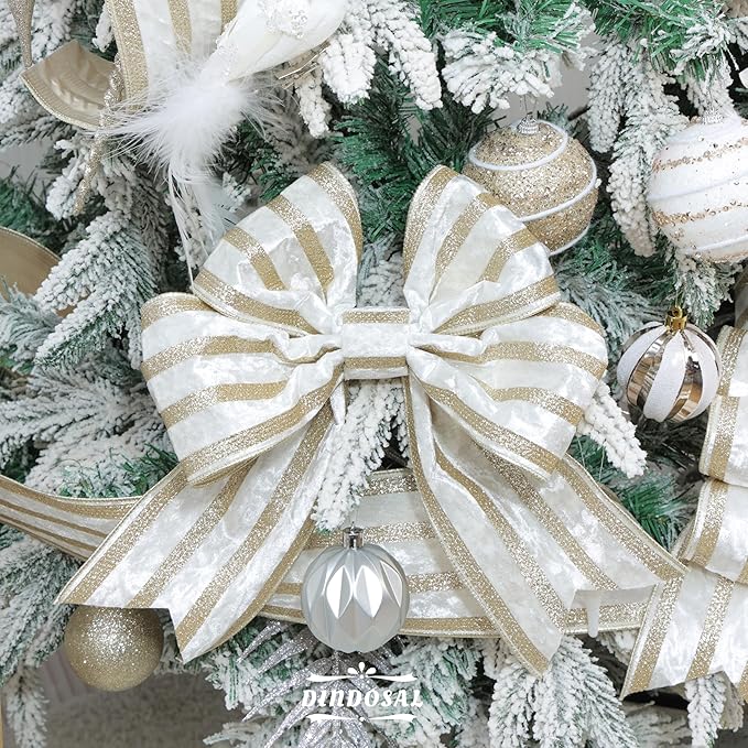 Ivory Velvet Wired Ribbon with Champagne Glitter Stripe 4 Inch Crushed Velvet Christmas Ribbon, 10 Yards for Gift Wrapping, Crafts, Christmas Tree Decorations, Wreath Supplies, Garlands