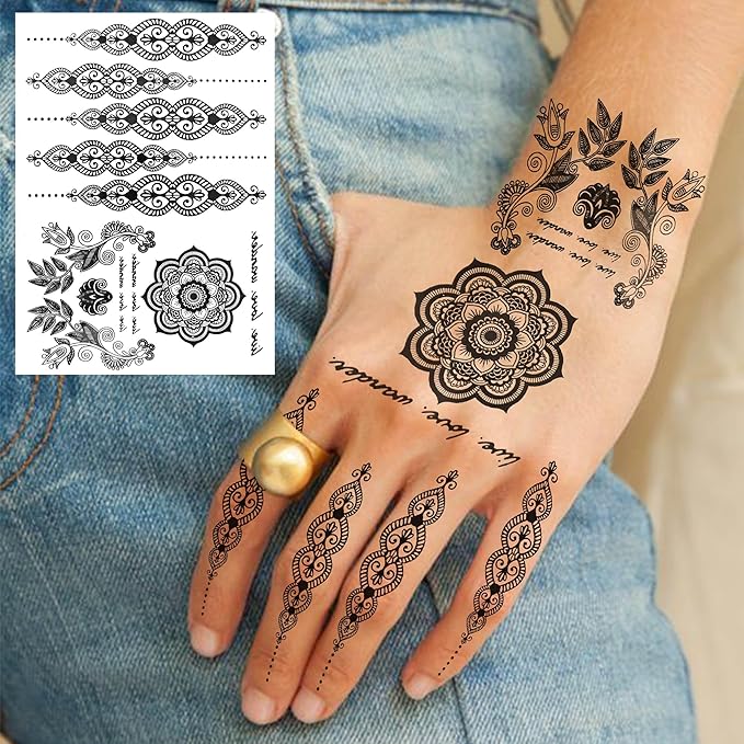 4 Sheets Vintage India Sexy Lace Black Mandala Flower Temporary Tattoos For Women Hand Finger Girls Adults Sets Kits, Wedding Bridal Fake Jewels Tattoo Sticker Lotus Stencils, Party Favor Supplies