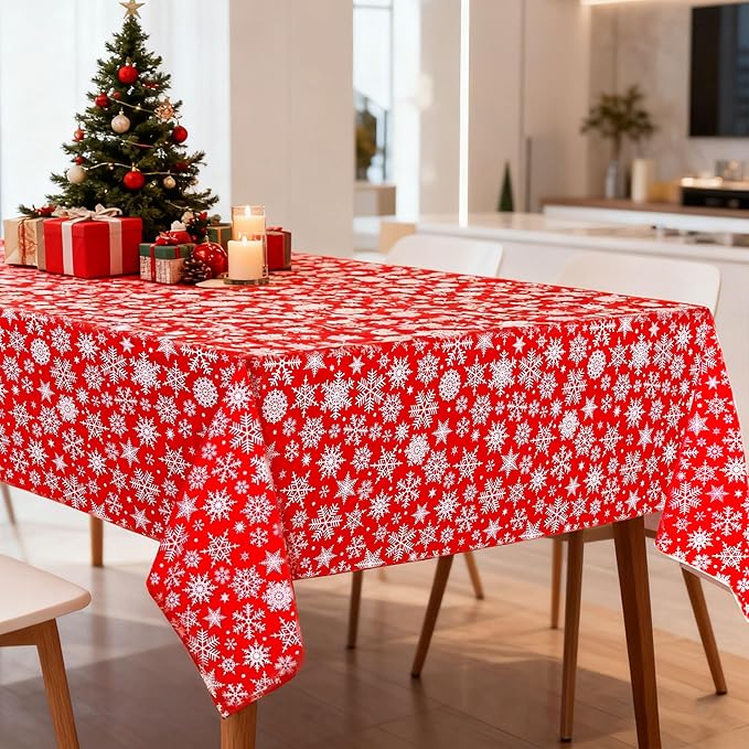 Mornajina 4 Packs 108 x 54 Inch Snowflake Tablecloth Merry Christmas Party Tablecloth Decorations Disposable Rectangle Plastic Snowflake Table Cloth (Red)