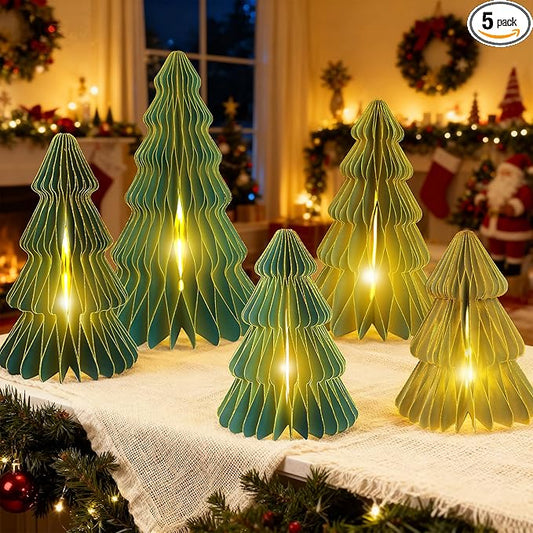 5Pcs Christmas Honeycomb Table Decorations Indoor, Lighted 3D Honeycomb Paper Christmas Trees, Vintage Green Table Centerpieces for Xmas Frozen Winter Holiday Party Home Decor, 8/10/12 Inch