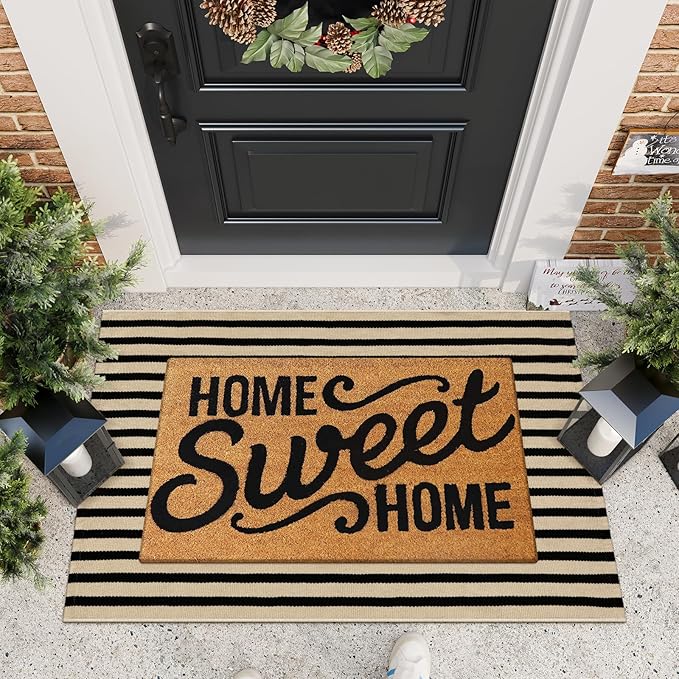 KIMODE Black and Khaki Striped Fall Outdoor Rug 27.5"x43", Washable Outdoor Front Porch Rug, Hand Woven Welcome Layered Door Mat for Entryway Front Door Autumn Pumpkin Decor