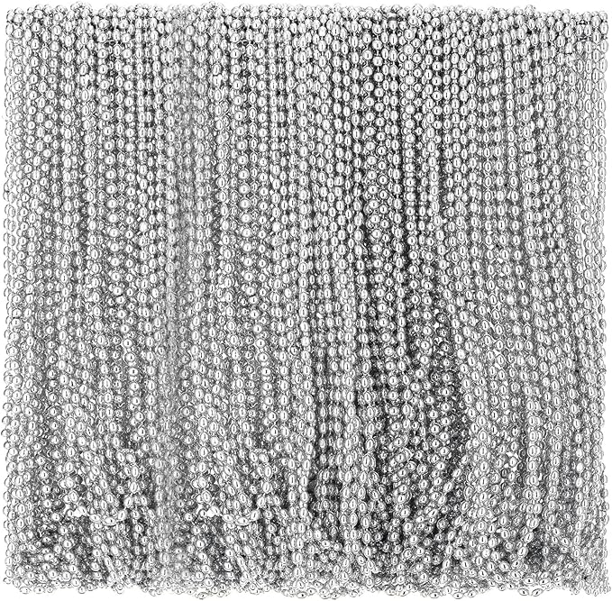Riceshoot 200 Pcs Silver Bead Necklace Bulk Mardi Gras Oval Beads Necklace Party Favors 33" 7mm Metallic Color Beaded Costume Necklaces for Halloween Christmas Festive Event Accessories