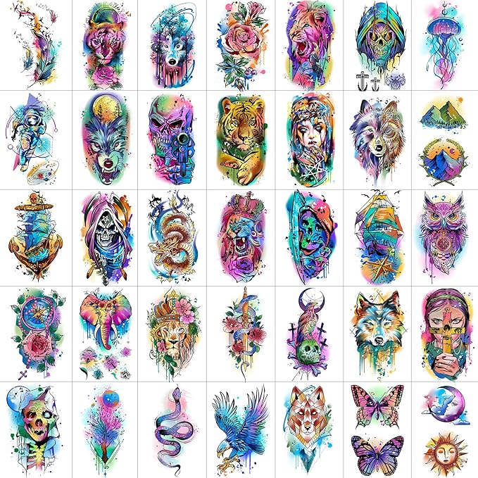 60 Sheets 3D Watercolor Temporary Tattoos For Women Men Adults, Groovy Realistic Blue Eagle Dragon Fake Tattoo Stickers Body Arm, Wolf Tiger Lion Skull Moon Colorful Fake Tattoo Halloween Snake Anchor