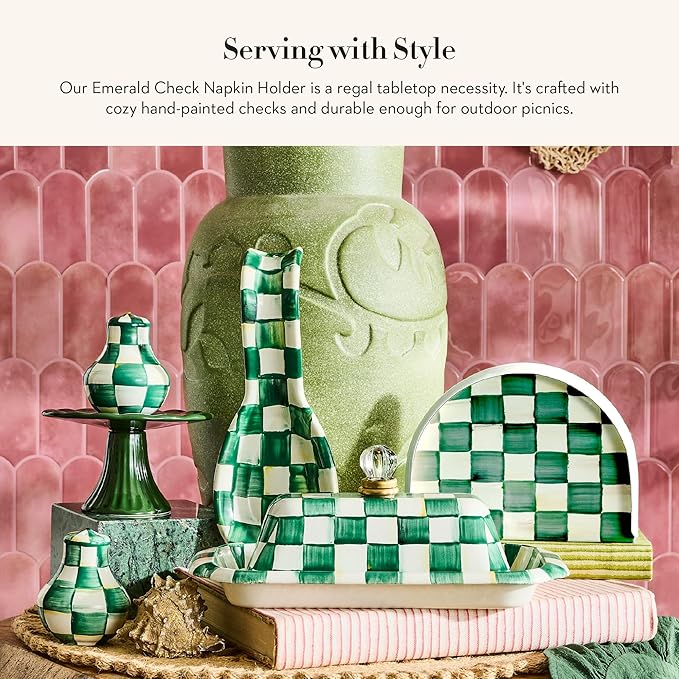 MACKENZIE-CHILDS Enamel Napkin Holder, Kitchen Napkin Holder for Table and Countertop, Green-and-White Emerald Check