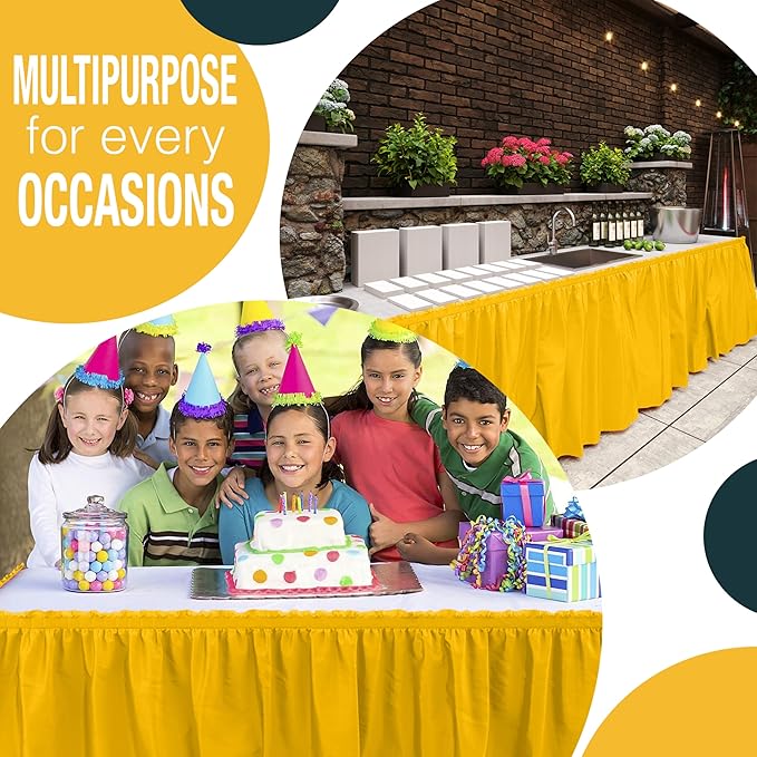 Exquisite Ruffle Table Skirt Yellow 2 Pack 14 Ft Long Table Skirts for Rectangle Tables 6ft Plus or Round Tables Skirts with Adhesive Strip for Gender Reveal Decor & Happy Birthday Parties