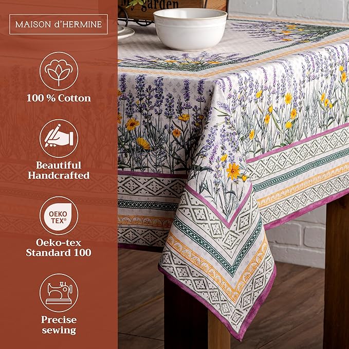 Maison d' Hermine Table Cloth Rectangle Table 100% Cotton 70 x 90 Inches Tablecloth Reusable Decorative for Dining Room, Farmhouse, Home, Party, Festive & Wedding Spring Summer - Fanny Lavender