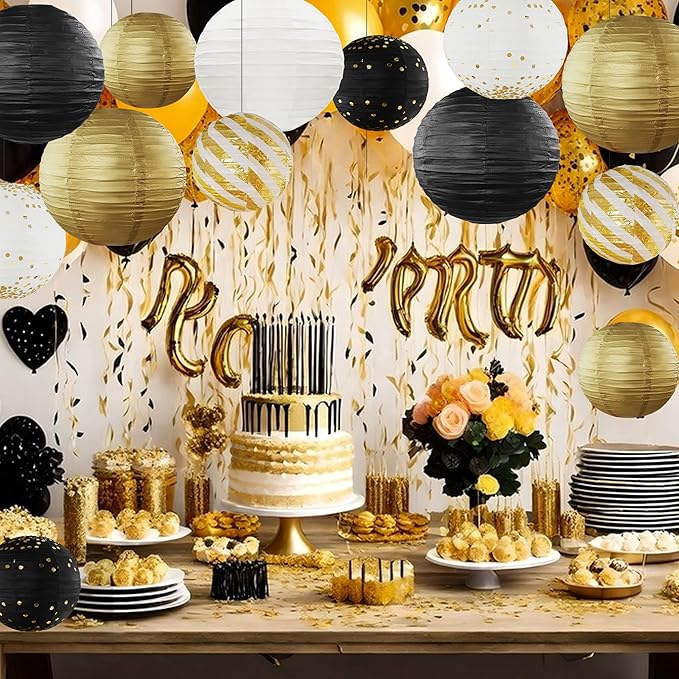 Black and Gold Back to School Decorations Hanging Paper Lanterns 12pcs Paper Lanterns Decorative for Birthday Anniversary Wedding Retirement Party New Years Decorations