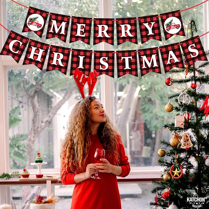 KatchOn, Merry Christmas Banner for Mantle- Large, 10 Feet, No DIY | Red and Black Christmas Fireplace Banner | Buffalo Plaid Christmas Decorations | Merry Christmas Sign | Christmas Party Decorations