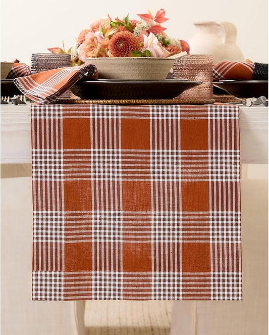 Solino Home Fall Table Runner 120 Inches Long - 100% Pure Linen Glen Check Nutmeg Table Runner 14 x 120 Inch for Dining, Autumn, Thanksgiving