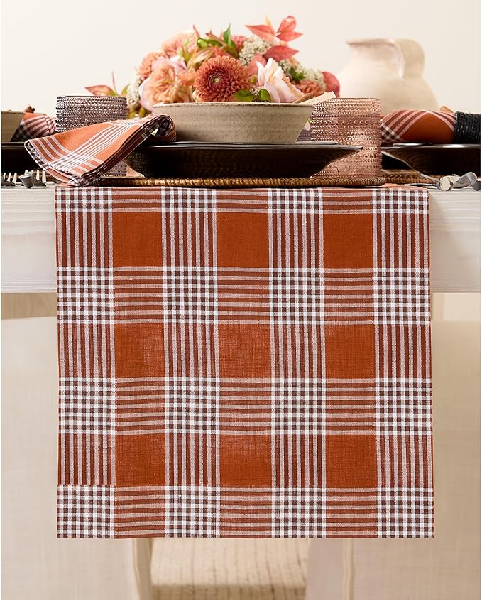 Solino Home Linen Fall Table Runner 36 Inches - 100% Pure Linen Glen Check Nutmeg Table Runner 14 x 36 Inch Ideal for Dresser and Coffee Tables - Autumn, Thanksgiving, Holiday