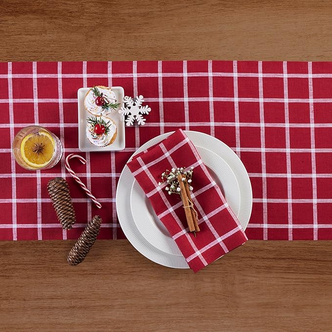Solino Home Linen Table Runner 90 Inches Long - 100% Pure Linen Windowpane Red Table Runner 14 x 90 Inch for Dining, Christmas, Xmas