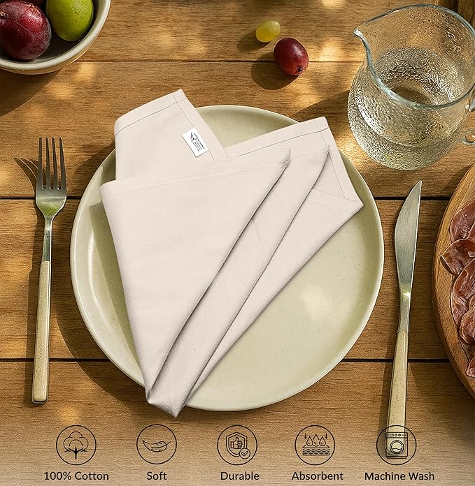 Ruvanti Premium Cloth Napkins Set of 12, 18x18 Inches, 100% Cotton, Washable, Soft & Absorbent, Perfect for Wedding, Christmas, ‎Thanksgiving Dinners - Natural Color