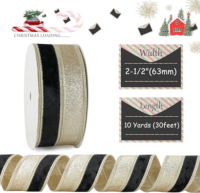 Black Velvet Wired Christmas Ribbon 2.5 Inch Black and Gold Glitter Holiday Ribbon – 10-Yards Roll for Tree Decorations, Gift Wrapping, Wreaths, and DIY Crafts
