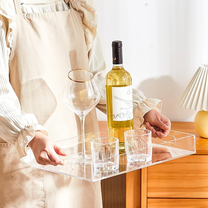 Clear Sturdy Acrylic Serving Tray with Handles 10x15x2H Inches -Spill Proof- Decorative Trays Countertop Organizer for Ottoman Coffee Table Nightstand, sidetable, Breakfast, Tea, Food