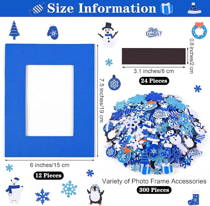 Fovths 12 Pieces Christmas Frozen Party Foam Picture Frames DIY Craft, 300 Pieces Snowflake Snowman Penguin Foam Stickers, 24 Pieces Craft Stickers for Winter Snow Party