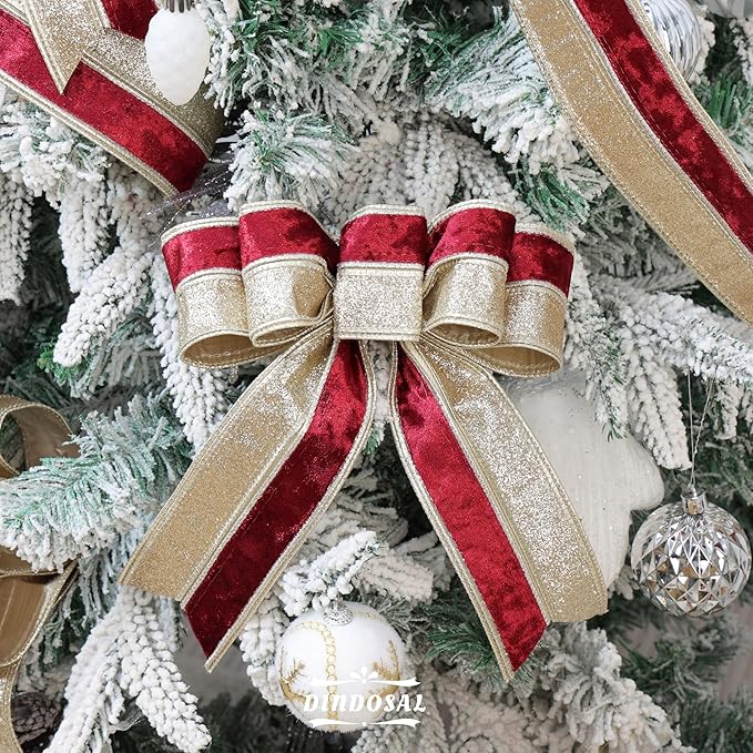 Burgundy Velvet Wired Christmas Ribbon 2.5 Inch Maroon and Gold Ribbon – 10-Yards Roll for Tree Decorations, Gift Wrapping, Wreaths, and DIY Crafts