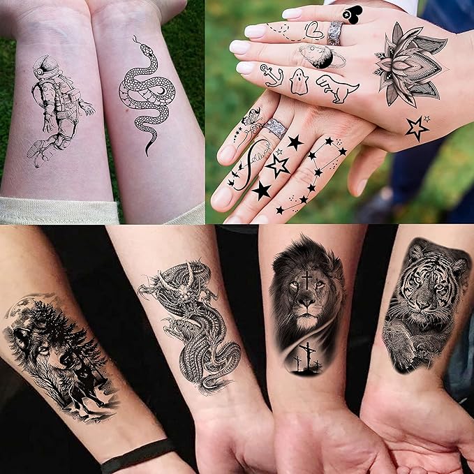 65 Sheets FANRUI Black Tiger Lion Temporary Tattoos For Men Women Arm Sleeve, Waterproof Tattoo Stickers Adults Snake Wolf Rose Flower Compass, 3D Skull Owl Fake Tattoos That Look Real And Last Long