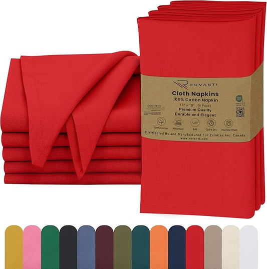Ruvanti Cloth Napkins Set of 6, 18x18 Inches, 100% Cotton, Washable, Soft & Absorbent, Perfect for Wedding, Christmas, ‎Thanksgiving Dinners - Flame Scarlet
