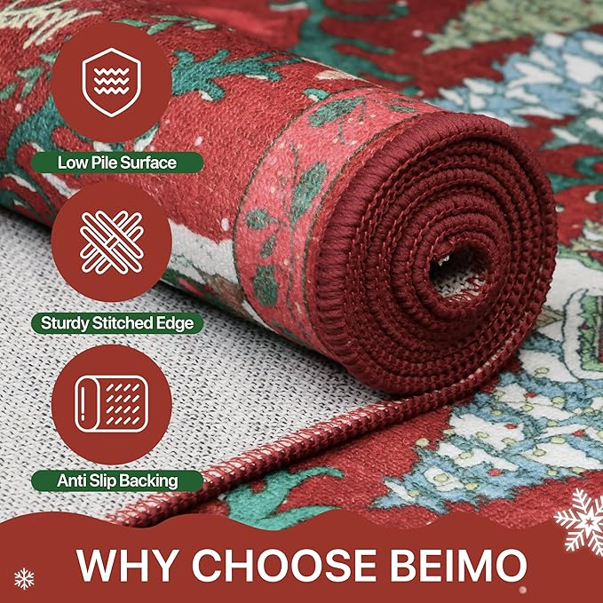 Christmas Rug 2x3 Washable Rugs for Entryway Bedroom, Christmas Home Decor, Holiday Print Carpet, Low Pile Non Slip Mat with Rubber Backing, Crimson Christmas Tale Pattern