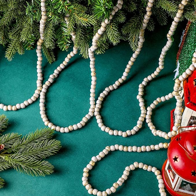 16 Feet Christmas Wood Bead Garland Wooden Bead Garland for Christmas Tree Holiday Decoration (Gold, White)