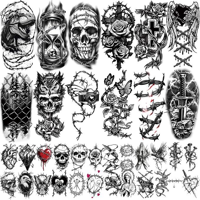 77 Sheets Temporary Tattoo for Women Men, 17 Sheets Half Arm Large Black Barbed Wire Fake Tattoos, 60 Sheets Skull Heart Flowers Tiny for Adult Kids Cosplay Party Body Tattoos Stickers Realistic