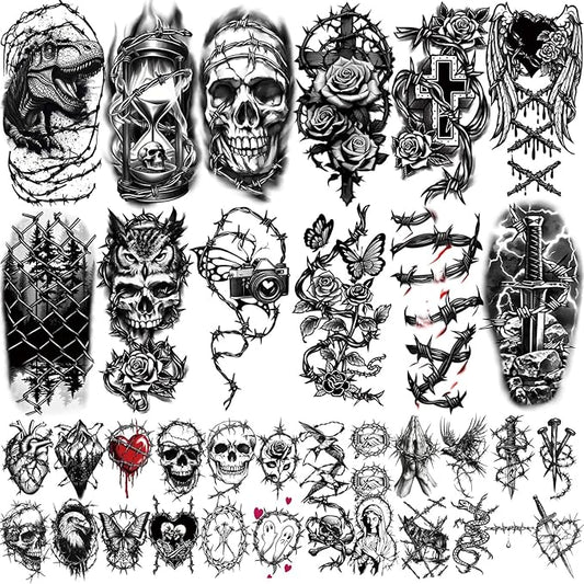 77 Sheets Temporary Tattoo for Women Men, 17 Sheets Half Arm Large Black Barbed Wire Fake Tattoos, 60 Sheets Skull Heart Flowers Tiny for Adult Kids Cosplay Party Body Tattoos Stickers Realistic