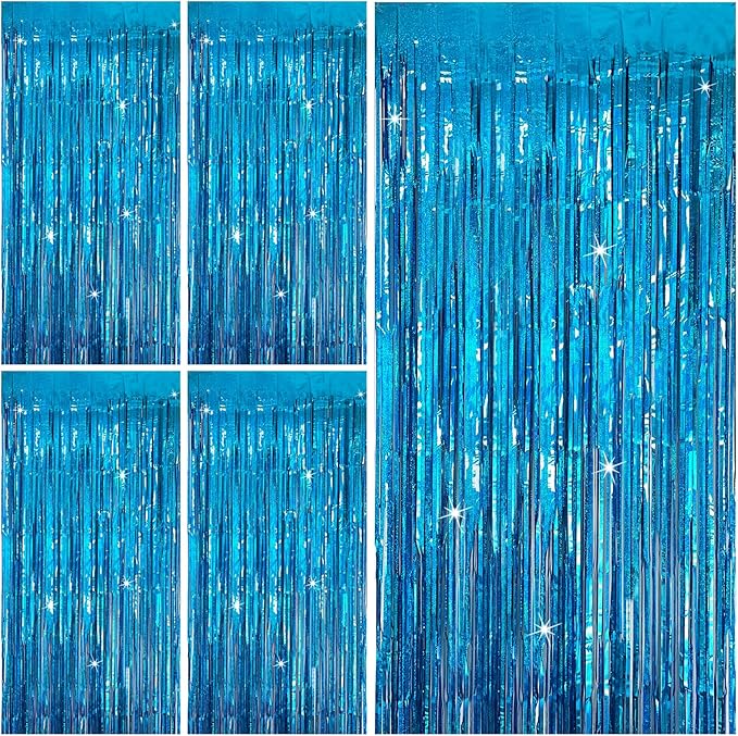 Tinsel Curtain Party Backdrop Blue Birthday Decorations 5 Packs Glitter Foil Fringe Curtain Party Decor Streamers Photo Booth for Birthday Christmas Wedding Halloween Graduation Decorations