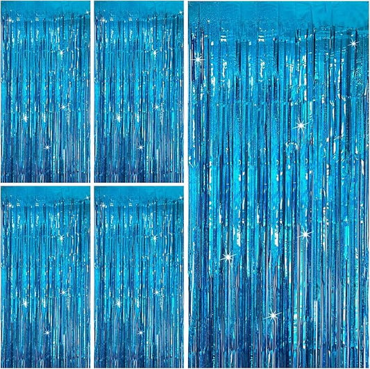 Tinsel Curtain Party Backdrop Blue Birthday Decorations 5 Packs Glitter Foil Fringe Curtain Party Decor Streamers Photo Booth for Birthday Christmas Wedding Halloween Graduation Decorations