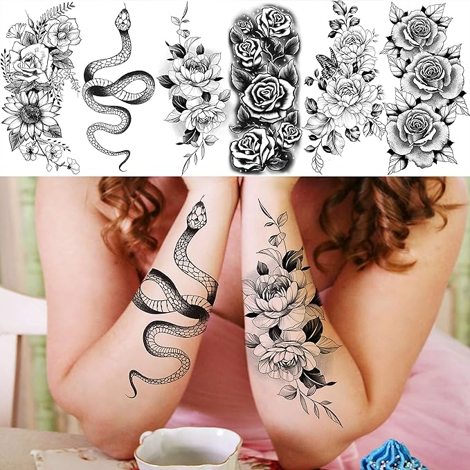 COKTAK 59 Sheets Sexy 3D Rose Flower Temporary Tattoos For Women Girls Arm Neck, Snake Floral Sunflower Leaf Peony Fake Tattoo Sticker Adult, Black Realistic Temp Tatoos Moon Dandelion Butterfly Thigh
