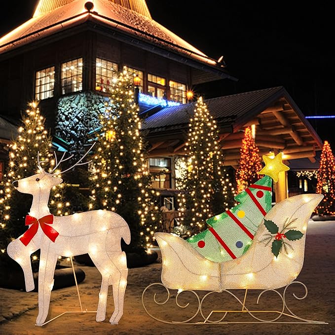 ATDAWN Lighted Christmas Reindeer Sleigh Yard Decoration, 50 Lights Christmas Deer Outdoor Decoration, Light Up Display