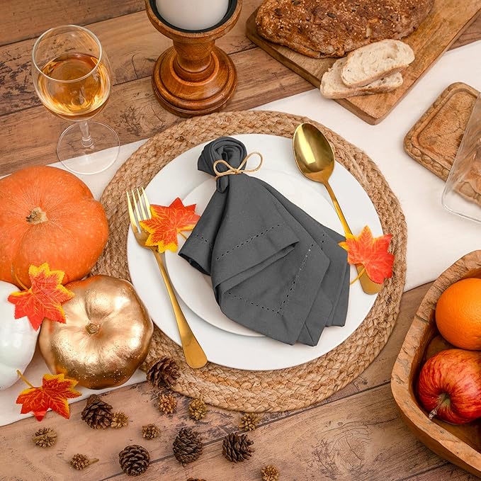 Blue Needles Set of 12 Hemstitch Linen Napkins 100% Cotton Grey Cloth Dinner Napkins 18x18 inches, Soft, Reusable, Absorbent, Washable, Ideal for Fall Thanksgiving Events, Parties & Everyday Use