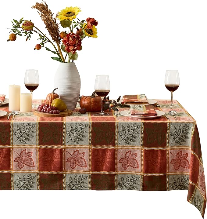 Newbridge Whispering Leaves Rust Orange and Green Plaid Thanksgiving Tablecloth, 52 x 70 Inch Rectangle, Autumn Leaf Woven Fabric Table Cover, Fall Harvest Dining Decor