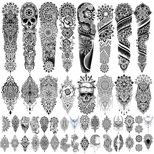 Yazhiji 48 Waterproof Temporary Tattoos For Adult, Mandala Vintage Black Lotus Temporary Tattoos for Men Women, Full Arm Fake Tattoo Bohemia Mandala Flower Fake Arm Tattoos for Boys Girls