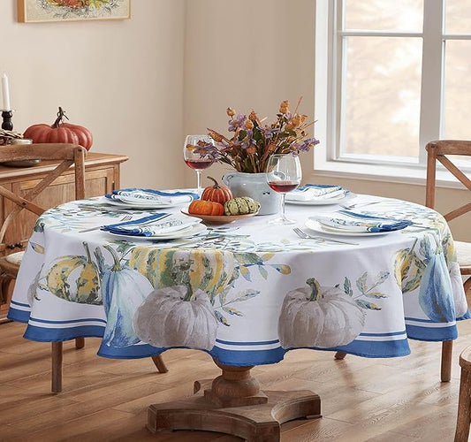 Home Bargains Plus Thanksgiving Contemporary Blue Pumpkin Tablecloth, 60 x 84 Inch Oval, Fall Harvest Easy Care Fabric Table Cover