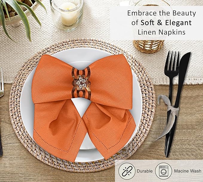 Ruvanti Premium Linen Napkins Set of 4-20x20 Inch, Classic Hemstitch, Mitered Corner Cloth Napkins ‎‎- Soft, Elegant Dinner Napkins Cloth Washable for Weddings, Parties, Everyday Use - Fall/Orange