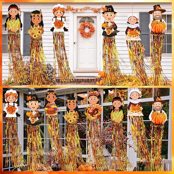 8 Pcs Fall Thanksgiving Pilgrim Outdoor Hanging Decorations with Tassels Autumn Pilgrim Harvest Yard Signs for Farmhouse Festival 3.3 ft Home Lawn Yard Party Supplies Garden Decor