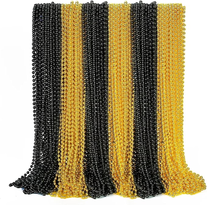 72PCS Bead Necklaces, Metallic Gold Black New Year Bead Party Favors, New Year Eve 33" Necklaces Costume, Parade Throw Accessories for New Year Wedding Birthday Celebrations Decorations