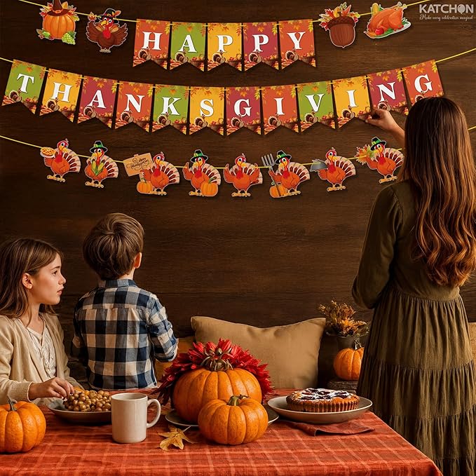 KatchOn, Happy Thanksgiving Banner - 10 Feet, No DIY | Pumpkin Turkey Decorations, Thanksgiving Decorations Indoor, Outdoor, Home | For Fall Decor, Harvest Decoration, Party Supplies