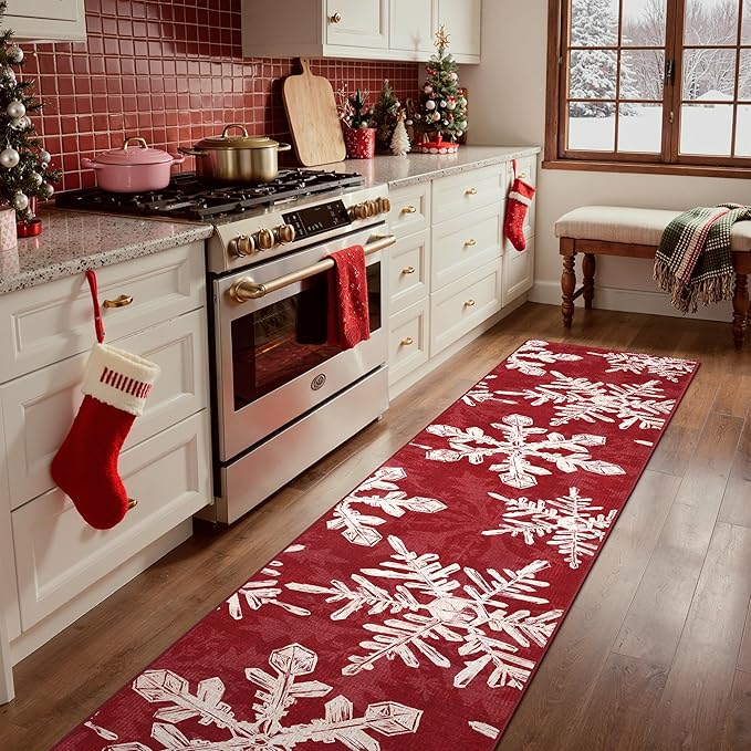 Christmas Runner Rug 2x10 Washable Rug for Hallway Kitchen Bedroom, Christmas Home Decor, Holiday Print Carpet, Low Pile Mat with Non Slip Backing, Snowflake